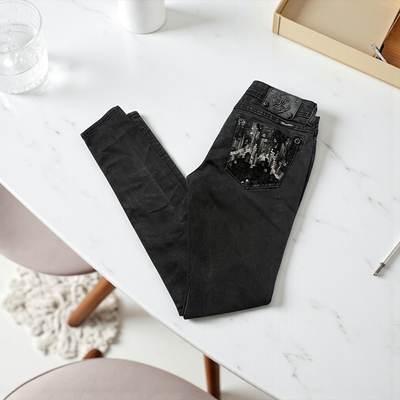 Miss Me Jeans 28 Black Wash Denim Skinny Jeans Embellished Pockets - Picture 5 of 8